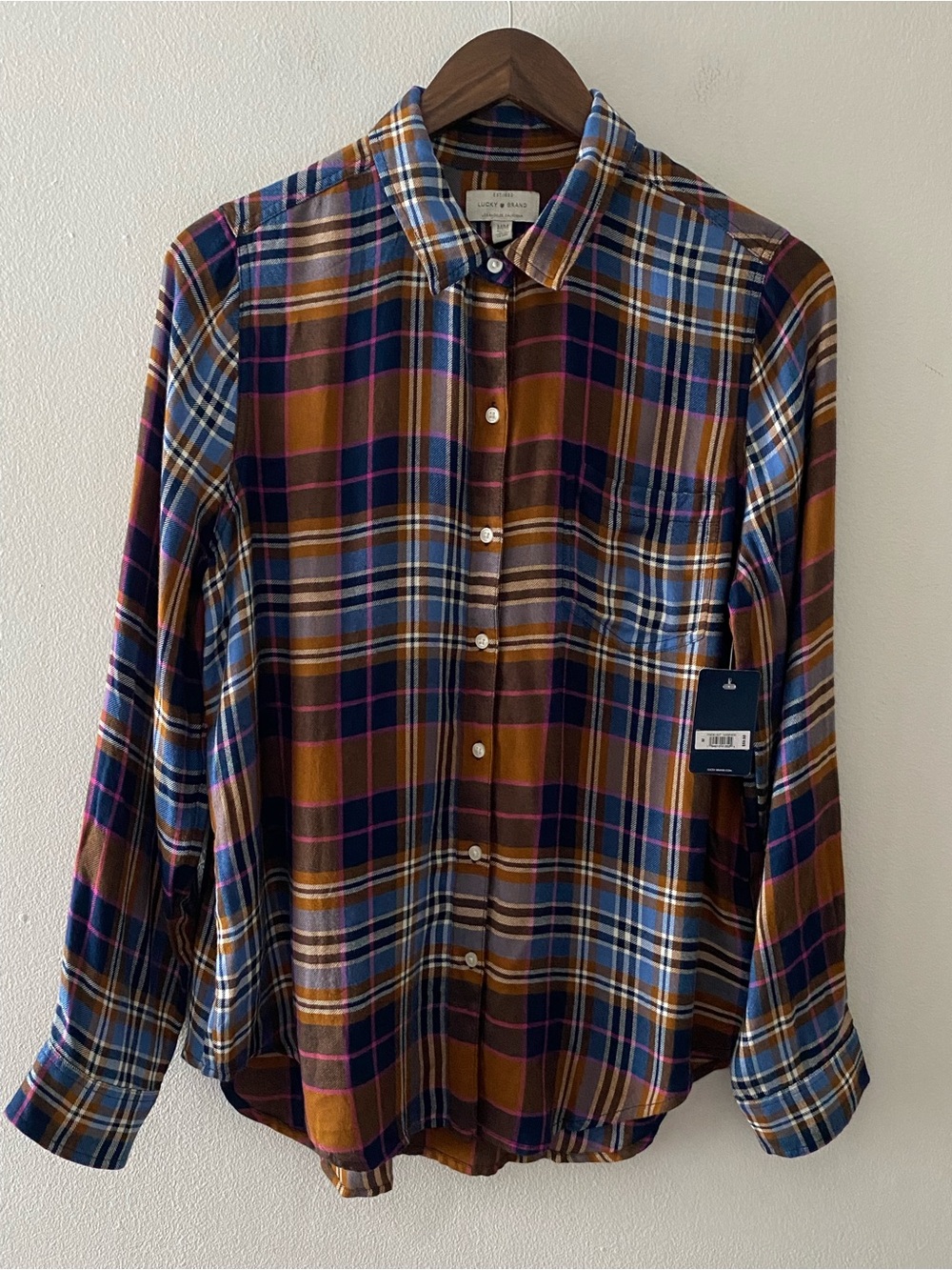 Lucky Brand Women’s M Plaid Button Up Shirt Brown Blue Long Sleeve Modal Blend